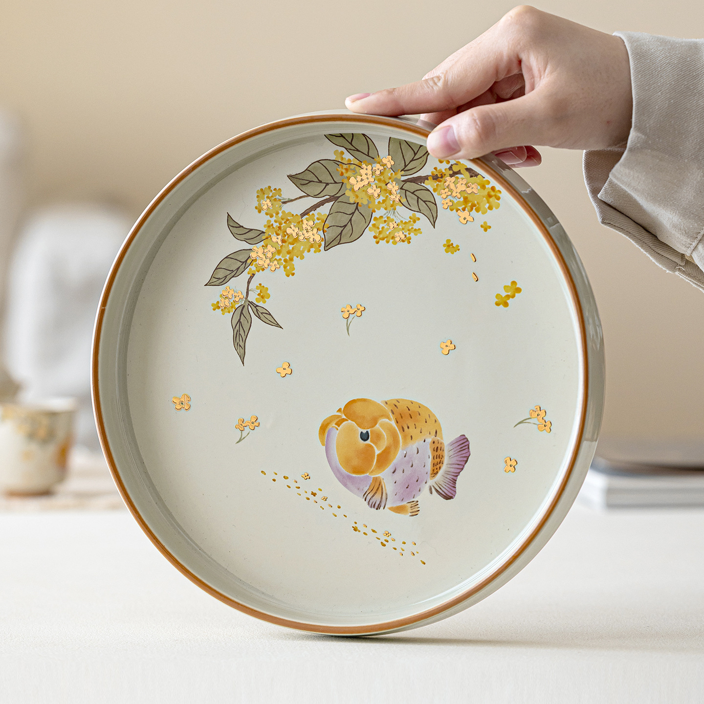 Khay pha khô cá osmanthus vàng xám thực vật phong cách dân tộc khay trà hình tròn gốm sứ gia dụng khay trái cây kiểu Trung Quốc phụ kiện bộ trà Kung Fu