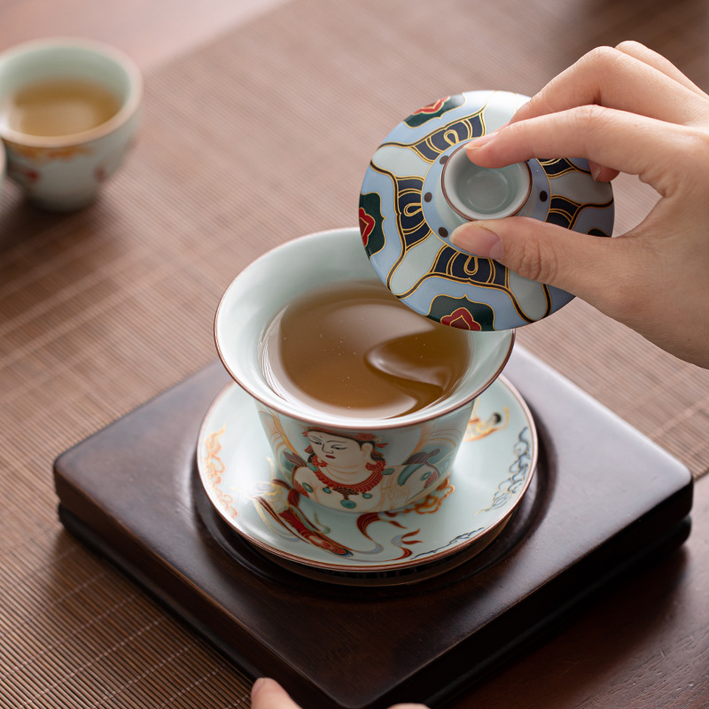 Bộ ấm chén trà treo tường Dunhuang Ru Kiln, bộ pha trà gốm sứ sáng tạo văn hóa Trung Hoa với ấm Xi Shi, chén có nắp và tách trà