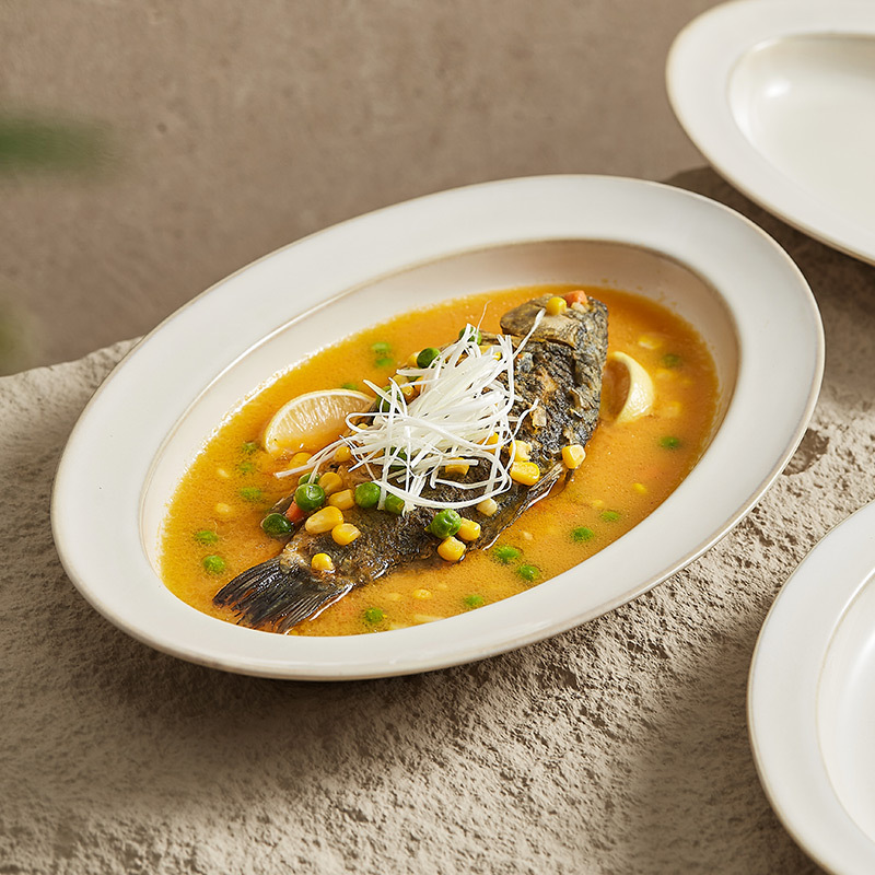 Đĩa cá hoa văn dòng nước màu vàng gạo, đĩa Cá hấp gia dụng, đĩa ăn cao cấp, đặc biệt đẹp mắt, đĩa ăn lạnh hình bầu dục