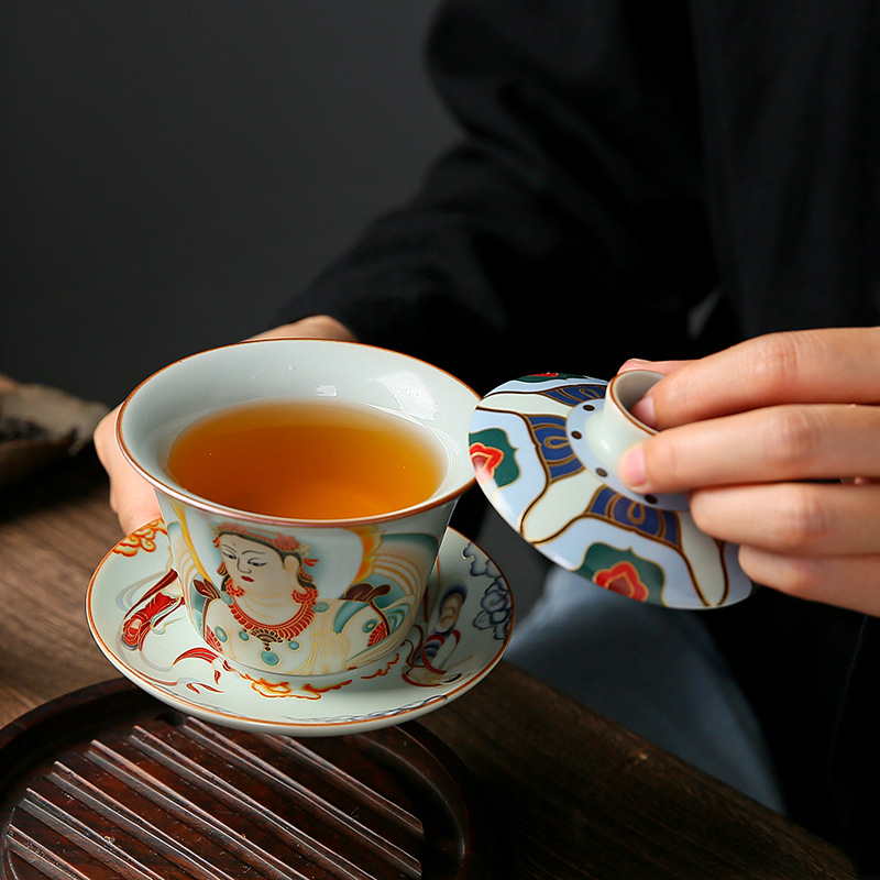 Ru Kiln Đôn Hoàng treo Nắp bát gốm sứ Tam Tài Bát trà gia dụng Bát trà cốc trà quà tặng cao cấp Bộ trà Kung Fu