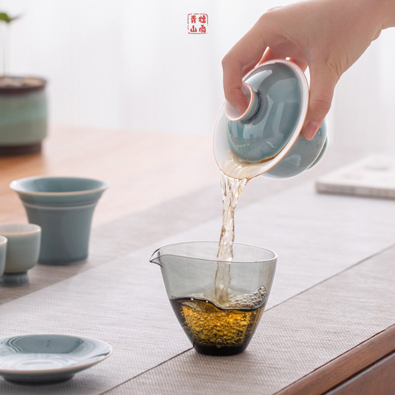 Yanyu Qingshan Sancai có nắp Bát trà đơn cao cấp có nắp Bát trà bộ trà men xám xanh không nóng