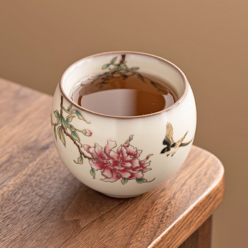 Cốc trà Ruyao cốc chủ nhân mỡ lợn đông lạnh hoa mẫu đơn hoa trứng rồng cốc trà cốc gốm sứ gia dụng cốc trà đơn trà Kung Fu