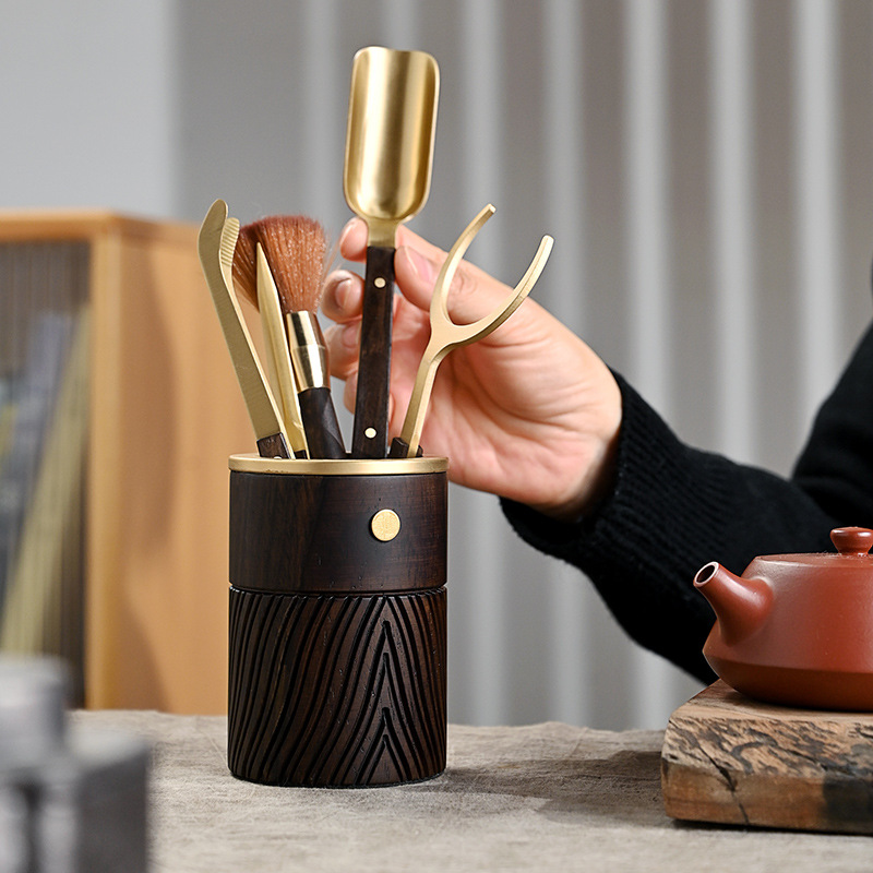 Bộ trà đạo bằng gỗ Đồng sáu quý ông Bộ trà Kungfu bằng gỗ mun Phụ Kiện Kẹp Trà Kim Trà dụng cụ pha trà thìa