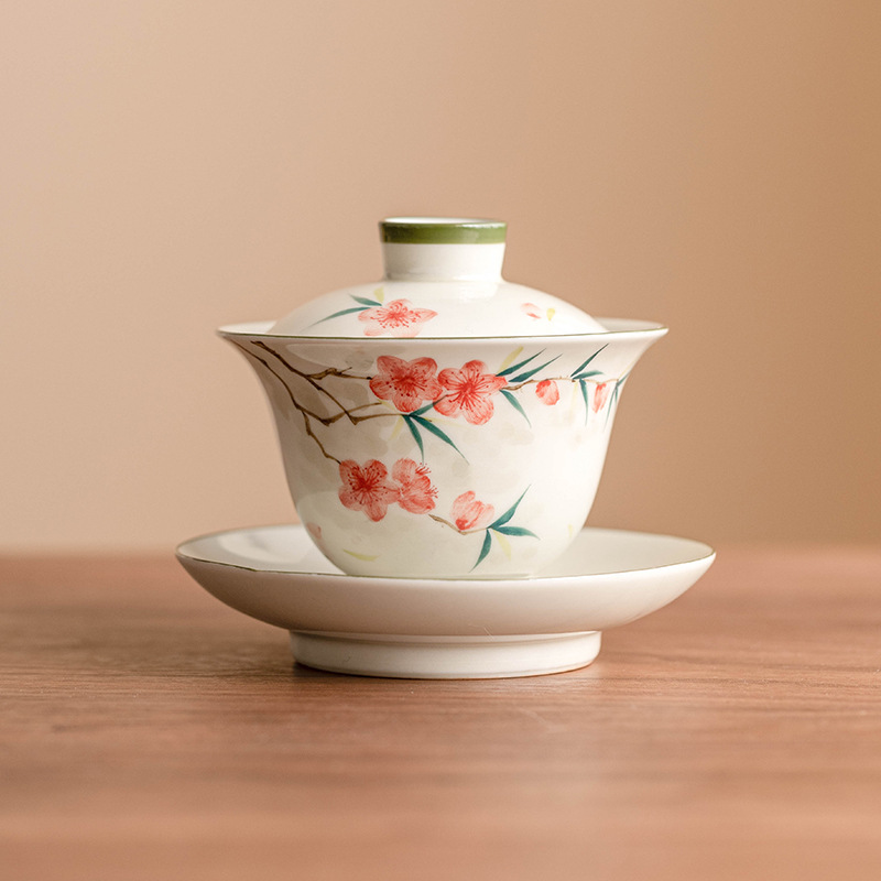 Cốc trà tam tài hoa đào vẽ tay cốc trà bộ trà kungfu cao cấp đồ pha trà gia dụng gốm sứ Trung Quốc bát trà
