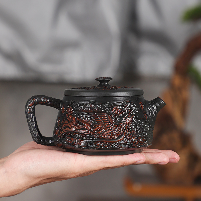 Ấm gốm tím Vân Nam Jianshui chạm nổi thủ công ấm đá rồng phượng ấm trà gốm tím bộ trà dung tích lớn chuyên dụng pha trà