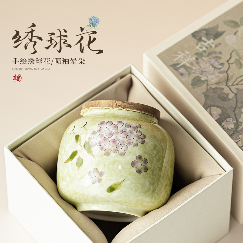 Vẽ tay hoa cẩm tú cầu trà bình hộ gia đình gốm sứ kín lọ chống ẩm lọ trà di động lưu trữ lọ trà mini kho