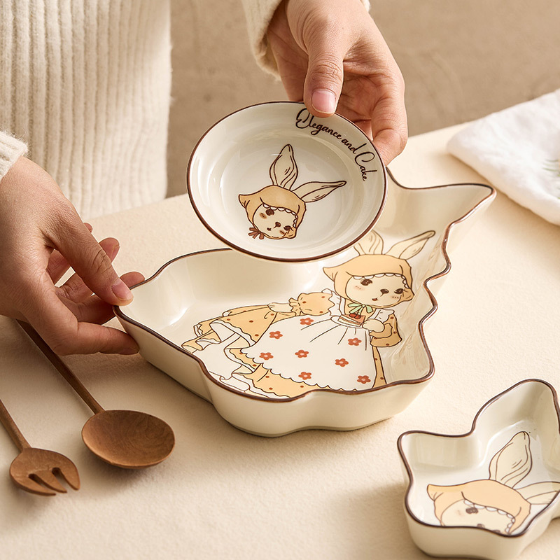 Đĩa ăn vặt gốm sứ Đĩa nước sốt Đĩa nhỏ Đĩa salad trái cây gia dụng Đĩa chấm tim Đĩa thỏ hoạt hình dễ thương sáng tạo