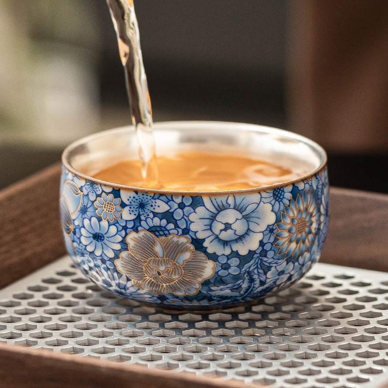 Cốc thiền mạ bạc 999 hoa nở, cốc trà cao cấp sang trọng nhẹ nhàng, cốc chủ nhân, cốc trà gốm sứ, hộp quà