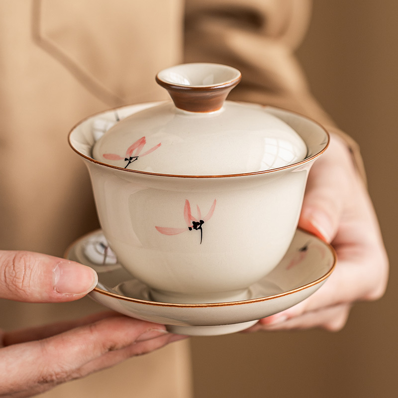 Nhà xưởng vẽ tay hoa lan hồng tam tài nắp bát pha trà gốm sứ chống bỏng bộ trà kungfu gia dụng Trung Quốc dụng cụ pha trà