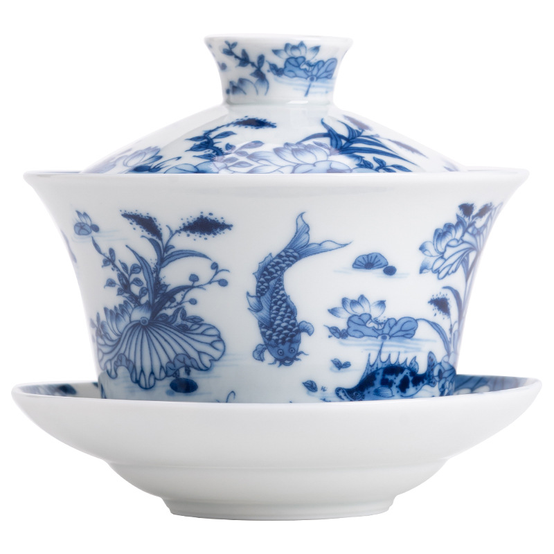 Bát có nắp tam tài màu xanh trắng cổ kiểu Trung Quốc Bát pha trà gốm sứ đơn giản dụng cụ pha trà Kung Fu sứ trắng dùng trong gia đình bát thờ trà