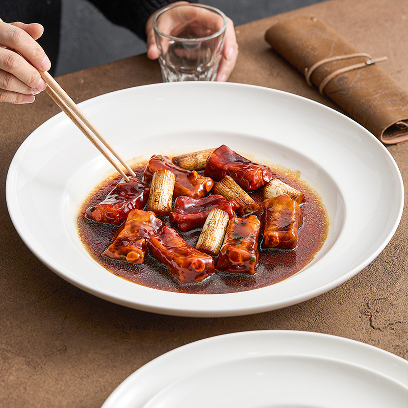 Đĩa hoa văn đá lạ sao băng, bộ đồ ăn Lò Nung cảm giác cao cấp, đĩa canh sâu, đĩa đựng thức ăn cỡ lớn, đĩa gốm trắng gia dụng