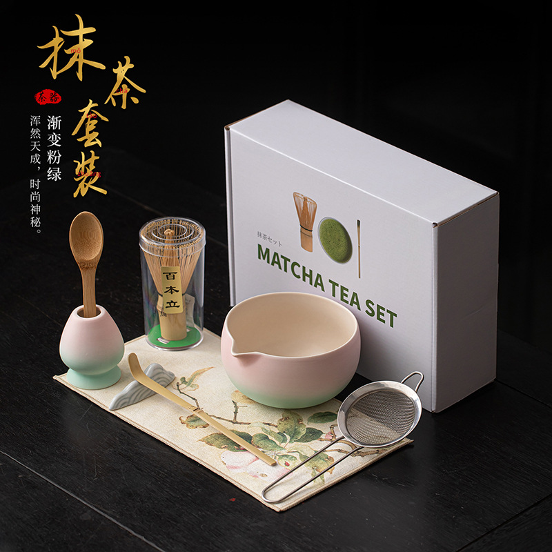 Bộ tám món matcha màu hồng và xanh lá cây gradient, bát matcha, bát matcha, dụng cụ pha trà thời nhà Tống, máy đánh trà bằng gốm, sàng bột 100 mảnh
