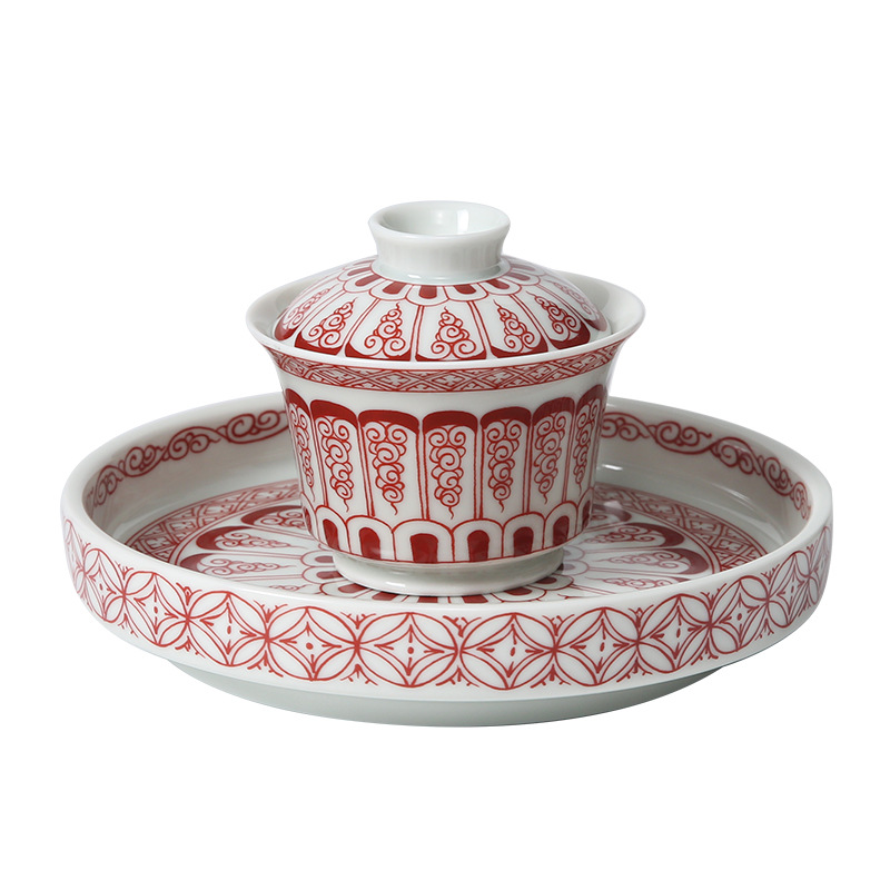 Jingdezhen tráng men màu đỏ lá chuối ba cái bát có nắp cốc trà bộ trà Kung Fu cao cấp bán buôn bát trà pha trà