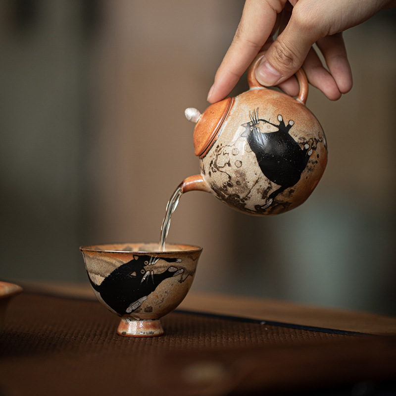 Nồi lựu Zhiye Cat Nồi lọc vẽ tay bằng bạc Nồi đơn gốm sứ gia dụng dung tích lớn Bộ trà Kung Fu