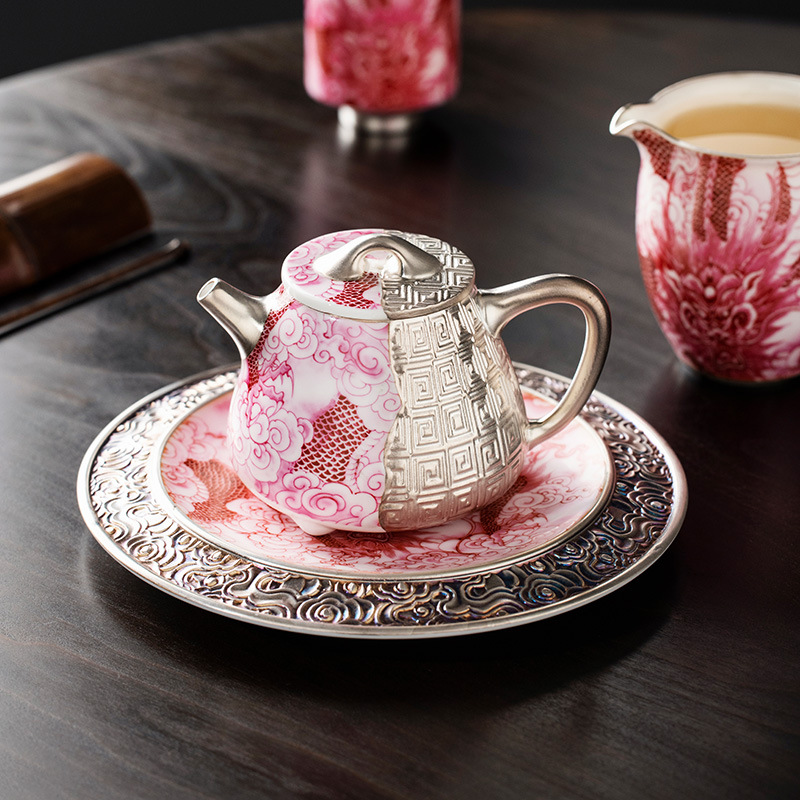 Bộ ấm trà hình rồng đỏ mạ bạc carmine, bộ ấm trà, quà tặng sinh nhật cho cha mẹ, người lớn tuổi và người lớn tuổi