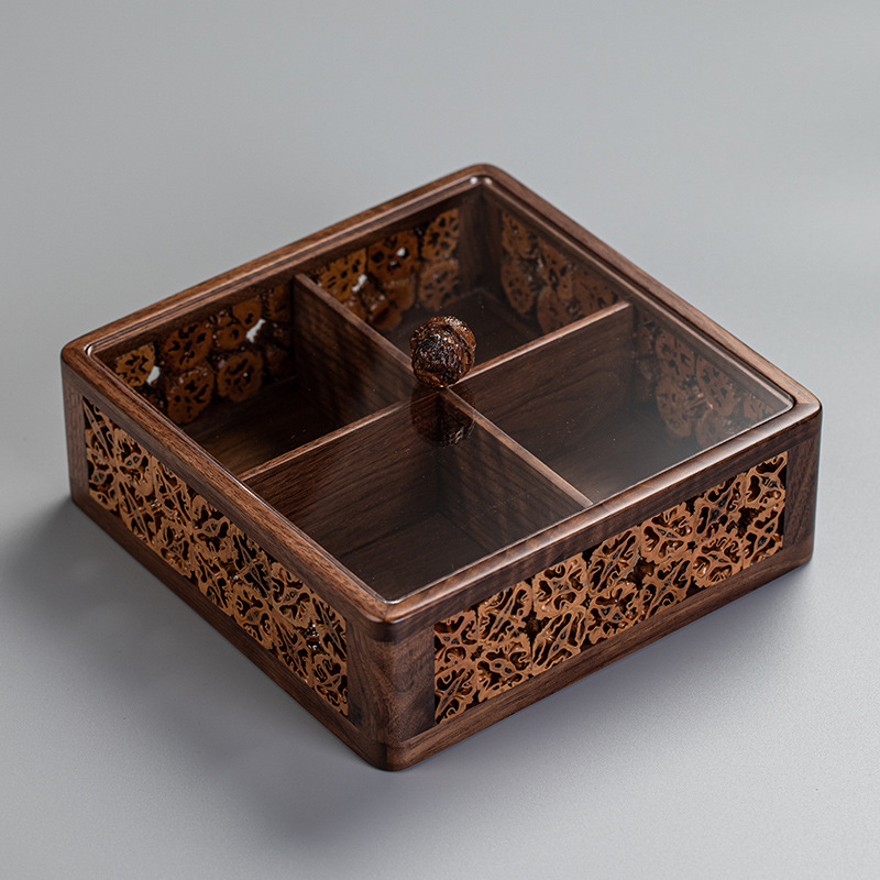 Đĩa trái cây có ngăn bằng Gỗ Óc Chó Đĩa trái cây tre Đĩa trái cây ăn vặt Hộp đựng đồ kẹo Đĩa trái cây khô Có Nắp Hộp đựng đồ Bộ trà