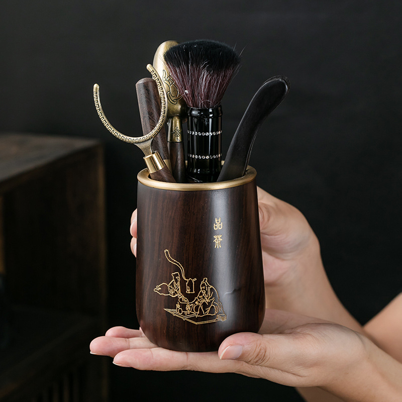 Bộ Phụ Kiện Bộ trà Kungfu sáu quý ông trà đạo bằng gỗ mun thìa trà dao kẹp trà dụng cụ pha trà 6 quý ông