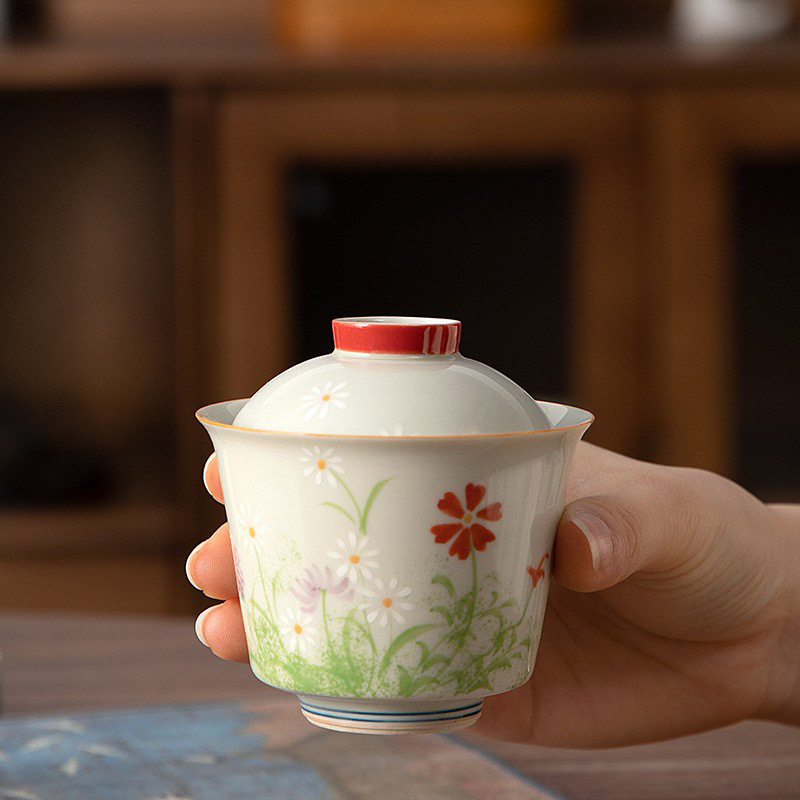 Bát có nắp vẽ tay, tách trà nhị tài, bộ trà công phu nhỏ, bộ pha trà gốm sứ có nắp, bộ trà đơn bán buôn gia dụng