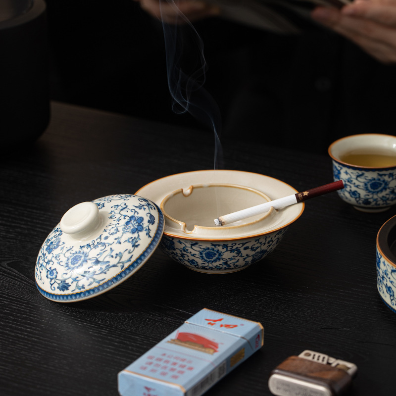Ru Kiln Xanh Trắng Sen Gốm Gạt Tàn Nhà Phòng Khách Có Nắp Chống Bay Gạt Tàn Trang Trí Trung Quốc Cao Cấp