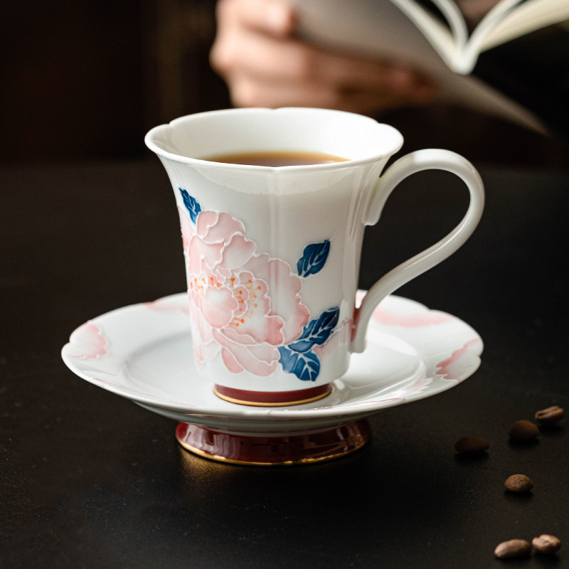 Bộ cốc và đĩa cà phê hoa mẫu đơn vẽ tay cho nữ cao cấp tinh tế cốc gốm sứ giá trị cao cốc nước