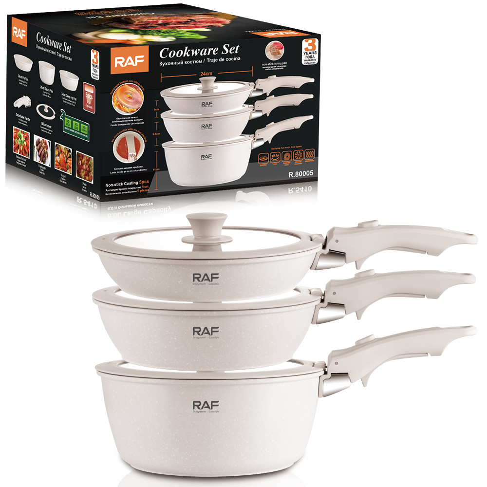 Bộ chảo chống dính phủ ceramic trong và ngoài, tay cầm tháo rời, bán chạy xuyên biên giới RAF, dùng được trên mọi loại bếp