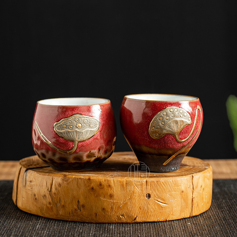 Biết cốc cặp đôi hoa sen | cốc trà Kung Fu gốm sứ cốc chủ nhân gốm thô bộ trà quà cưới cưới