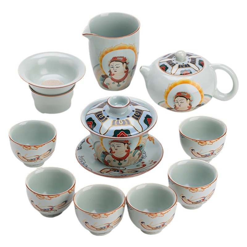 Bộ ấm chén trà treo tường Dunhuang Ru Kiln, bộ pha trà gốm sứ sáng tạo văn hóa Trung Hoa với ấm Xi Shi, chén có nắp và tách trà