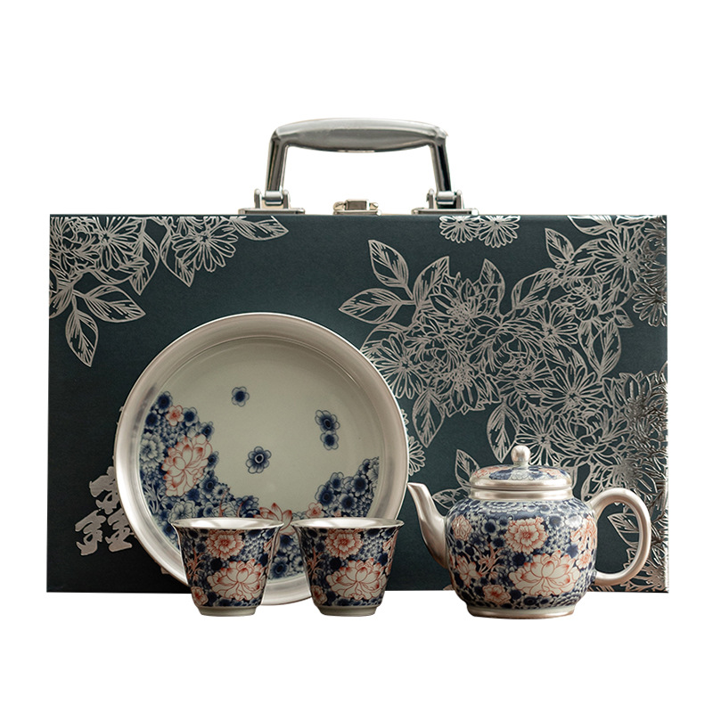Bộ ấm trà hoa sen xanh trắng mạ bạc bộ ấm trà gốm sứ kiểu Trung Quốc ấm trà bộ trà pha trà tặng quà gia dụng dụng cụ pha trà Kung Fu
