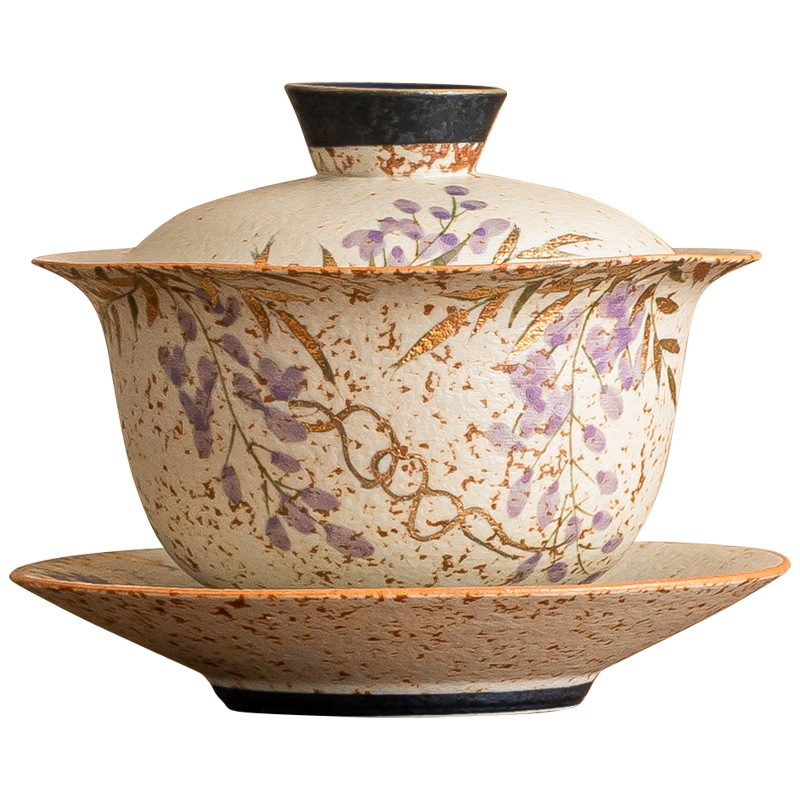 Màu xanh và trắng đá lửa bát nắp đỏ cốc trà sơn vàng vẽ tay hoa tử đằng có nắp bát pha trà cao cấp ba không nóng đơn