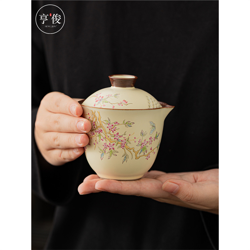 Du lịch một ấm hai cốc cầm tay ấm trà hoa tử đằng bộ ấm trà bộ ấm trà cốc nhanh pha trà gốm cầm tay cầm tay