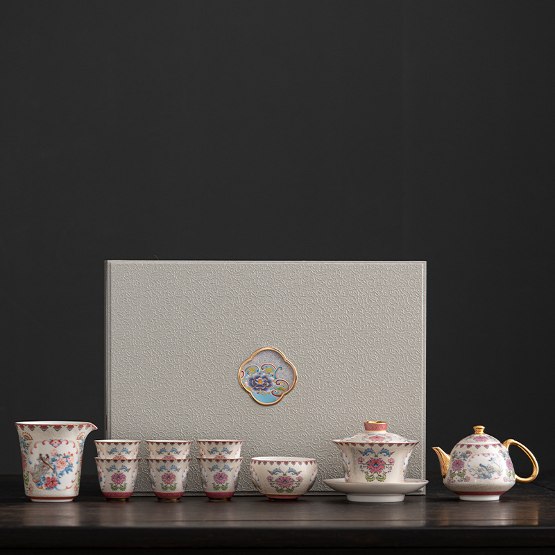 Bộ ấm trà Kung Fu bạc chạm khắc thủ công, bát pha trà màu men phong cách thủy triều quốc gia, bộ quà tặng trọn bộ