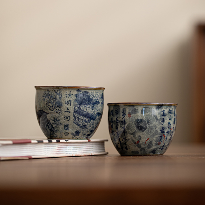 Cốc trà sứ trắng xanh cổ xưa bằng đất sét gốm cổ điển cốc chủ nhân Cốc gốm sứ Bộ trà cốc đơn bán buôn