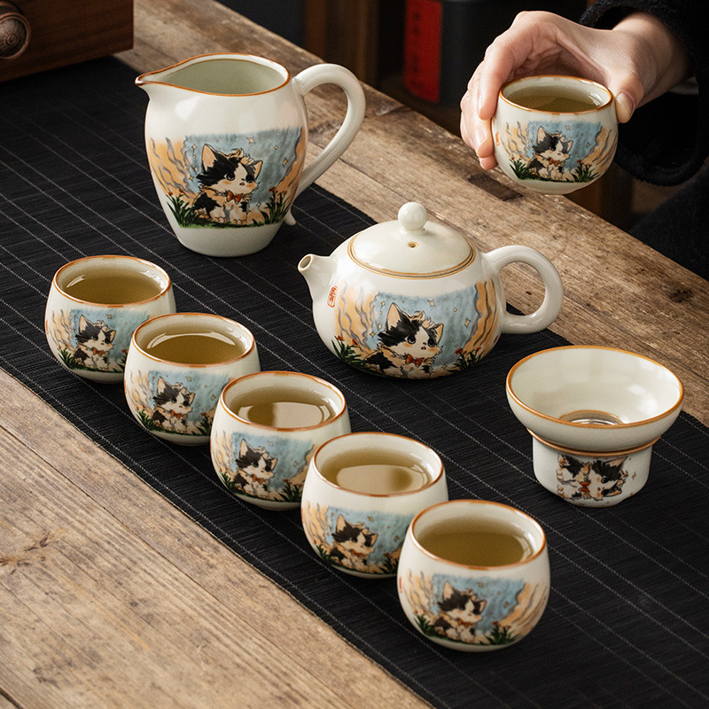 Bộ ấm trà gốm sứ Ru lò dễ thương bộ ấm trà công phu sáu chén cao cấp phòng khách gia dụng