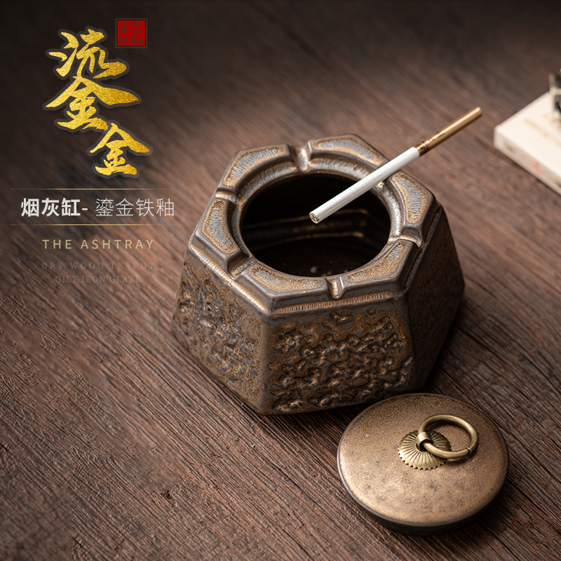 Gạt tàn men sắt mạ vàng kiểu Nhật, gạt tàn gốm cỡ lớn chống bay có nắp đậy phòng khách gia dụng kiểu Nhật