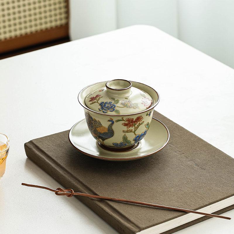 Năm lò nung nổi tiếng, lò Ru, bát có nắp ba tài, bát có nắp ba tài, bát có nắp cao cấp kiểu Trung Quốc có thể di chuột và xoay