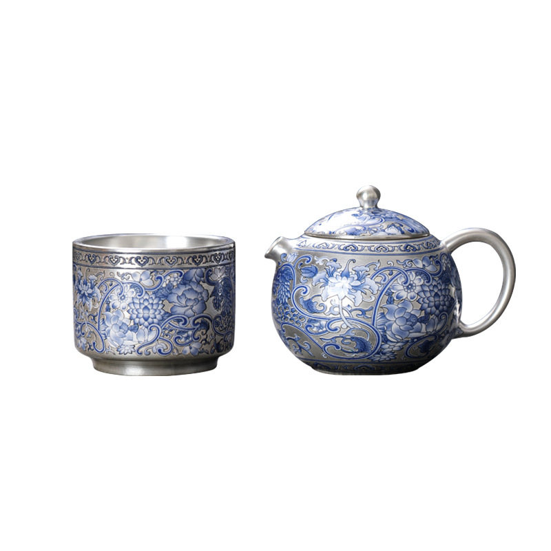 Di động xách tay du lịch 999 sterling bạc ấm chén gốm sứ trắng xanh hoa văn văn phòng quà tặng bộ trà quốc triều năm Nhâm Thìn
