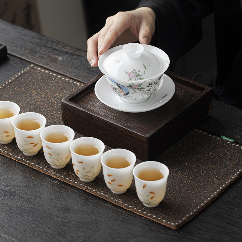 Bát có nắp hình chim hoa gốm sứ trắng ngọc bùn vẽ tay bát pha trà tam tài bát phục trà bộ trà Kung Fu phong cách Trung Quốc