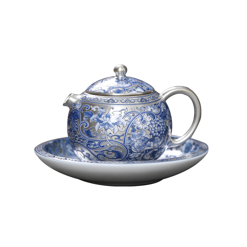 999 sterling bạc, một ấm, một ấm, gốm sứ, hoa văn sứ trắng xanh, quà văn phòng, du lịch xách tay, trà thủy triều năm rồng