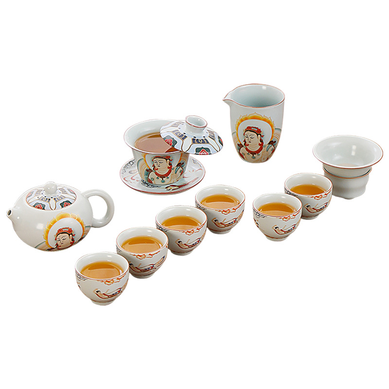 Bộ ấm trà Kung Fu treo cổ Ru Kiln Đôn Hoàng, ấm trà văn phòng gia dụng bằng gốm sứ sang trọng nhẹ, bát có nắp, quà tặng