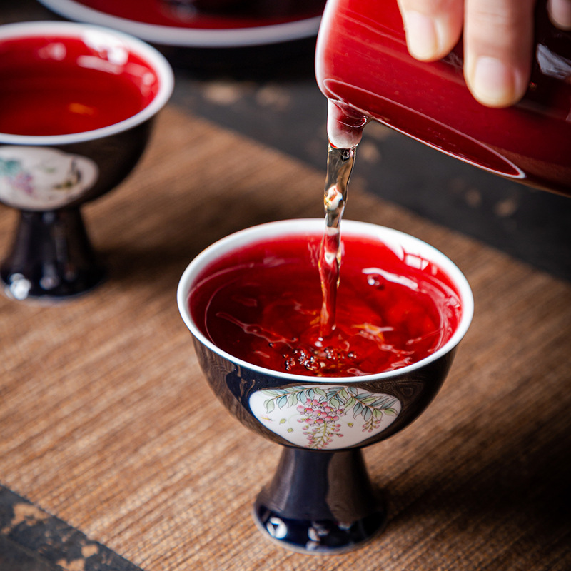 Cốc trà chân cao tráng men vẽ tay cửa sổ hoa chim cốc chủ nhân gốm sứ cốc đơn cá nhân bộ trà Kung Fu cốc trà cổ điển