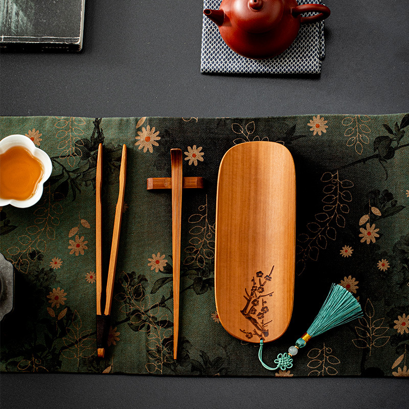 Trà đạo tre tự nhiên, kẹp trà sáu quý ông, kẹp trà, thưởng trà, trà sen Zen, bộ ba món, mận, lan, trúc và cúc