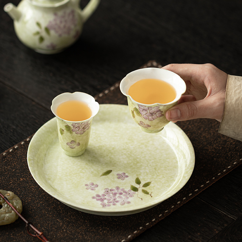 Bộ ấm trà hoa cẩm tú cầu vẽ tay Bộ ấm trà Kung Fu gia dụng một ấm hai chén có bàn pha trà khô bằng gốm sứ Đồ pha trà đơn giản