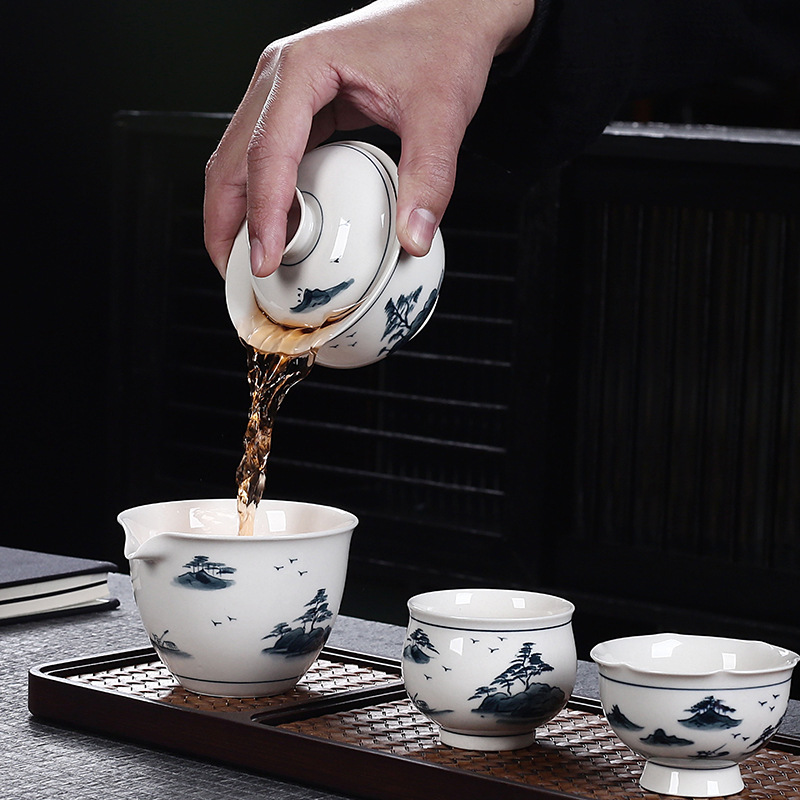 Màu men vẽ tay có nắp, cốc trà, bát pha trà, bát trà Kung Fu cao cấp tinh tế màu xám và trắng sứ trắng