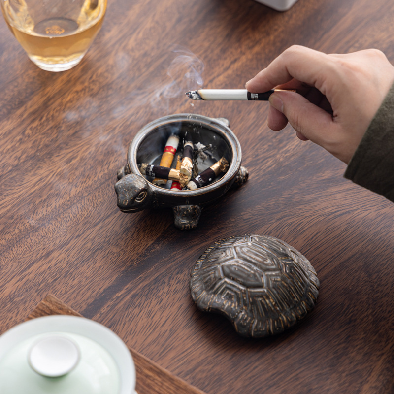Rùa trường thọ gạt tàn gốm nhỏ trà thú cưng văn phòng nhà phòng khách có nắp chống tro bay phong cách Trung Hoa đồ trang trí dễ thương trang trí