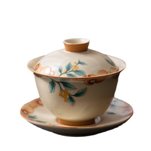 Cốc trà cốc trà có nắp đậy ba tài ở lò Ru màu be, bộ trà Kung Fu gốm sứ cao cấp có thể nuôi nổi, bát pha trà chống bỏng