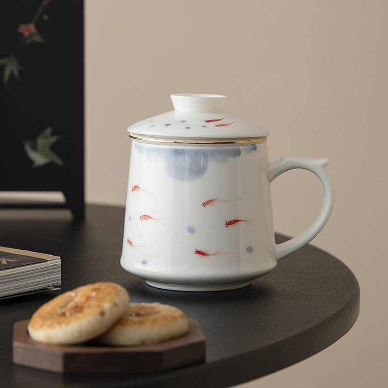 Cốc văn phòng bằng ngọc bích mỡ cừu vẽ tay cốc nước sứ trắng tách trà có nắp cốc pha trà gốm sứ dung tích lớn