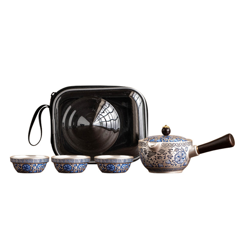 Bộ ấm trà du lịch mạ bạc 999 cây sen nhà xưởng, một ấm ba cốc, cốc khách nhanh di động, cốc bên tay cầm, cốc trà