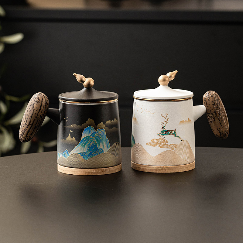 Cốc văn phòng gốm sứ Yi Lu Xiang Sui cốc tách trà có nắp cốc chuyên dụng cá nhân có giá trị cao cốc nước cốc