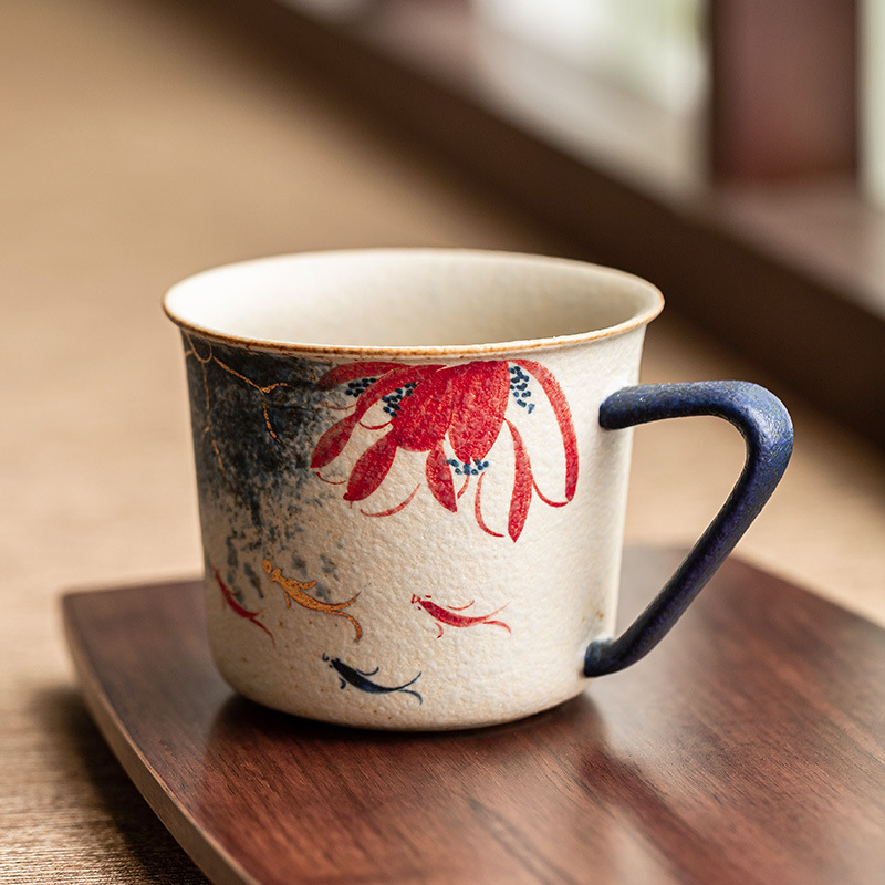 Nhà máy màu xanh và trắng đá lửa cốc cà phê gốm sứ đỏ chạm khắc vàng vẽ tay vần sen Koi latte cốc trà chiều cốc nước