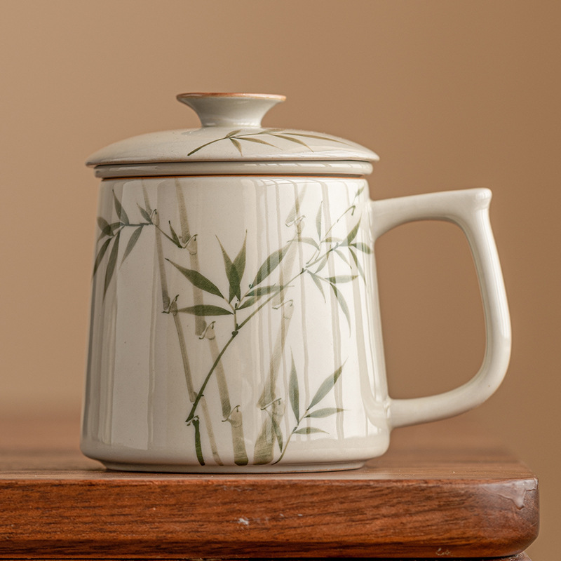 Cốc gốm sứ bằng tre xanh ngọc bích vẽ tay Cốc văn phòng tách trà có nắp cốc uống trà cao cấp LOGO cá nhân